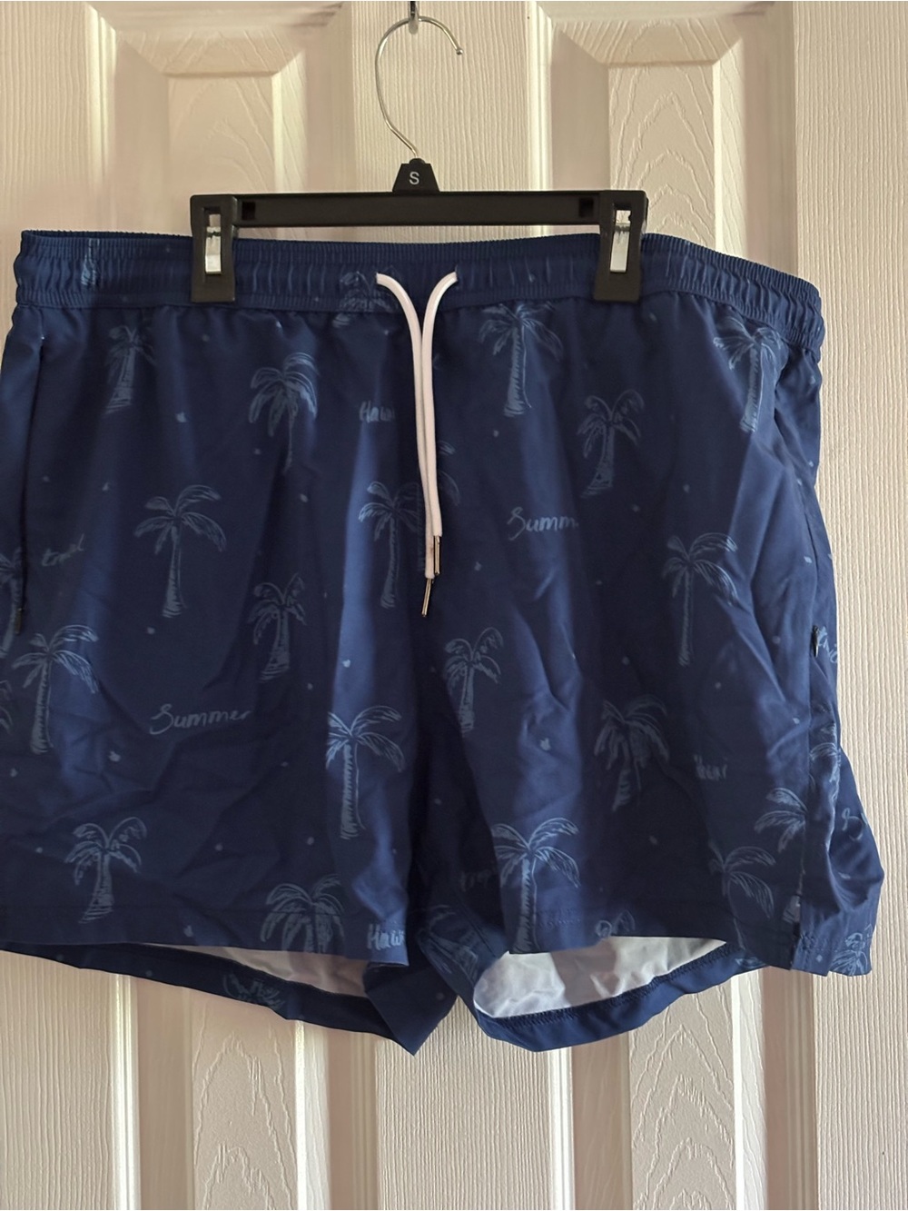 Men's Navy Palm-Print Swim Trunks with White Drawstring